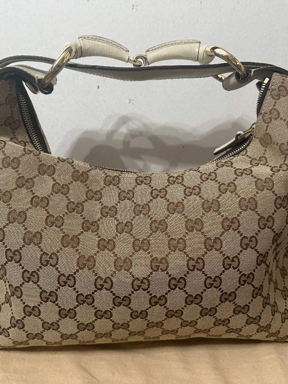 Gucci GG Canvas Large Horsebit Hobo Ivory White Leather Trim Silver Hardware